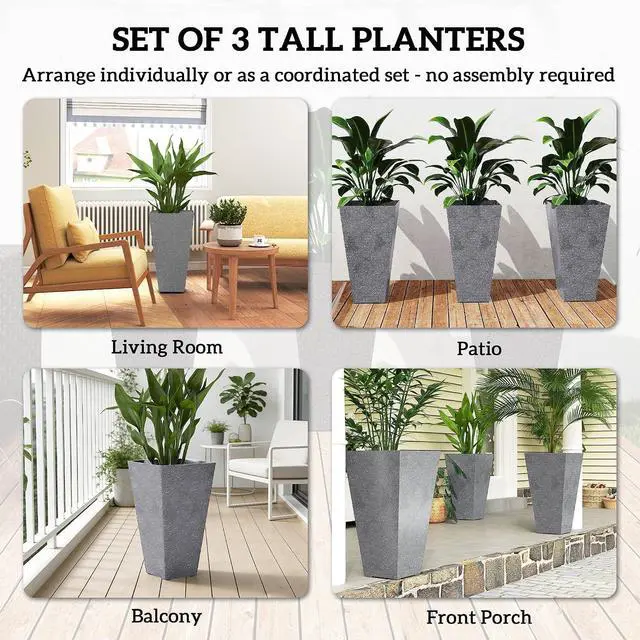 Alt view image 4 of 7 - 28 Inch Tall Planters for Outdoor Plants Plastic Flower Pots Gray | Set of 3, Marble Finish, Drainage Holes, Stackable Tapered Large Planters, for Indoor Plants, Front Porch Decor