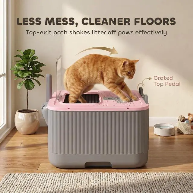 Alt view image 2 of 6 - PawHut Cat Litter Box with Lid Enclosed Litter Box for Medium Cats Pink | Front Entry & Top Exit, Easy Clean Non-Sticky Design, Scoop and Deodorizer Bag, Anti-Leak