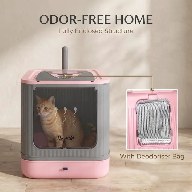 Alt view image 4 of 6 - PawHut Cat Litter Box with Lid Enclosed Litter Box for Medium Cats Pink | Front Entry & Top Exit, Easy Clean Non-Sticky Design, Scoop and Deodorizer Bag, Anti-Leak