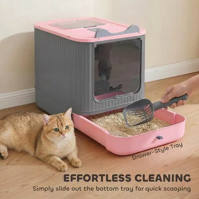 Alt view image 3 of 6 - PawHut Cat Litter Box with Lid Enclosed Litter Box for Medium Cats Pink | Front Entry & Top Exit, Easy Clean Non-Sticky Design, Scoop and Deodorizer Bag, Anti-Leak