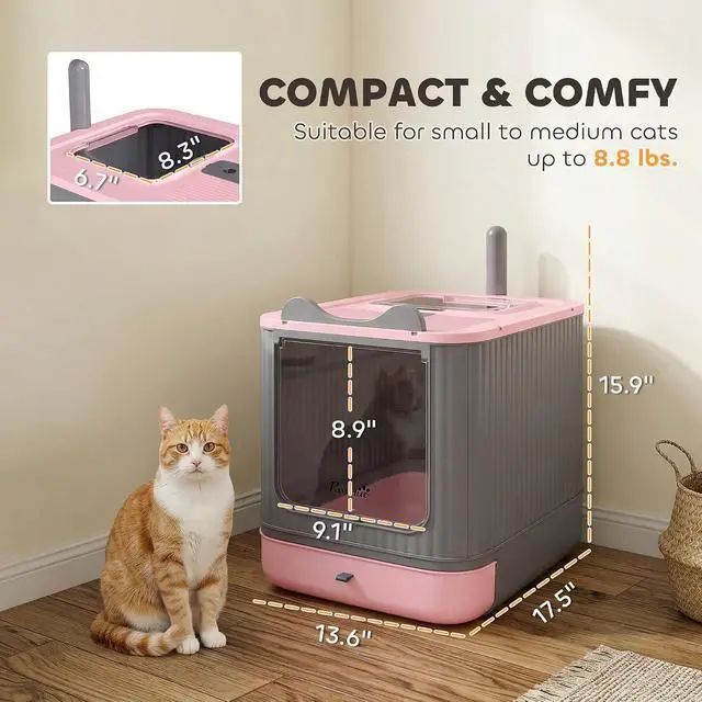Alt view image 6 of 6 - PawHut Cat Litter Box with Lid Enclosed Litter Box for Medium Cats Pink | Front Entry & Top Exit, Easy Clean Non-Sticky Design, Scoop and Deodorizer Bag, Anti-Leak