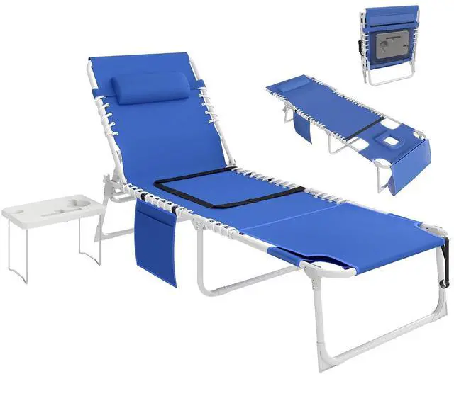 Main image of Tanning Chair with Face Hole Breathable Mesh Navy Blue | Side Table, Folding, 5-Position Reclining, Chaise Lounge Chair, Outdoor Lounger Recliner, Carry Straps, Beach Pool Camp