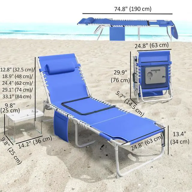 Alt view image 3 of 7 - Tanning Chair with Face Hole Breathable Mesh Navy Blue | Side Table, Folding, 5-Position Reclining, Chaise Lounge Chair, Outdoor Lounger Recliner, Carry Straps, Beach Pool Camp