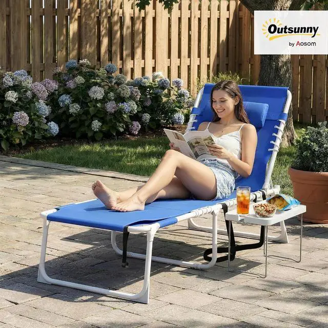 Alt view image 2 of 7 - Tanning Chair with Face Hole Breathable Mesh Navy Blue | Side Table, Folding, 5-Position Reclining, Chaise Lounge Chair, Outdoor Lounger Recliner, Carry Straps, Beach Pool Camp