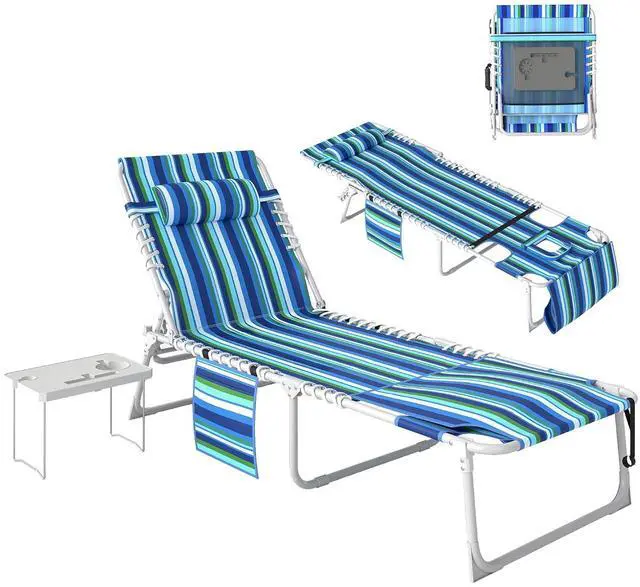 Main image of Tanning Chair with Face Hole Oxford Fabric Blue Stripe | Side Table, Folding, 5-Position Reclining, Chaise Lounge Chair, Outdoor Lounger Recliner, Carry Straps, Beach Pool Camp