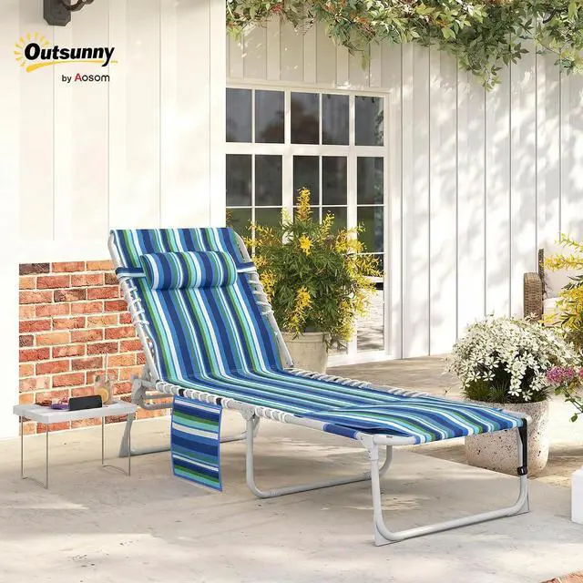 Alt view image 2 of 7 - Tanning Chair with Face Hole Oxford Fabric Blue Stripe | Side Table, Folding, 5-Position Reclining, Chaise Lounge Chair, Outdoor Lounger Recliner, Carry Straps, Beach Pool Camp