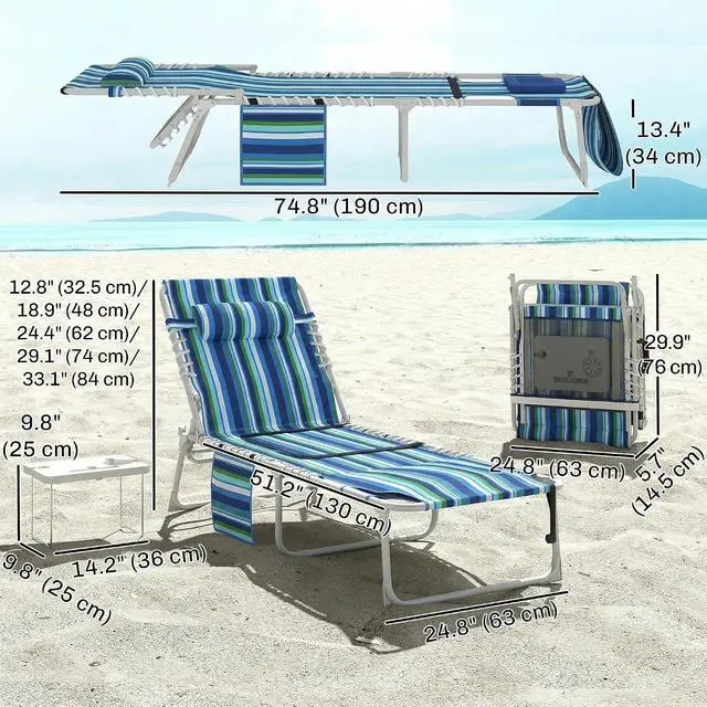 Alt view image 3 of 7 - Tanning Chair with Face Hole Oxford Fabric Blue Stripe | Side Table, Folding, 5-Position Reclining, Chaise Lounge Chair, Outdoor Lounger Recliner, Carry Straps, Beach Pool Camp