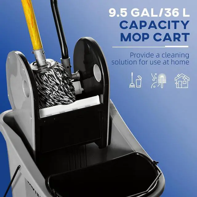 Alt view image 3 of 7 - 9.5 Gallon (38 Quart) Mop Bucket with Wringer Cleaning Cart Grey | 4 Moving Wheels, 2 Separate Buckets, Mop-Handle Holder