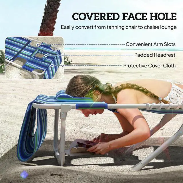 Alt view image 5 of 7 - Tanning Chair with Face Hole Oxford Fabric Blue Stripe | Side Table, Folding, 5-Position Reclining, Chaise Lounge Chair, Outdoor Lounger Recliner, Carry Straps, Beach Pool Camp