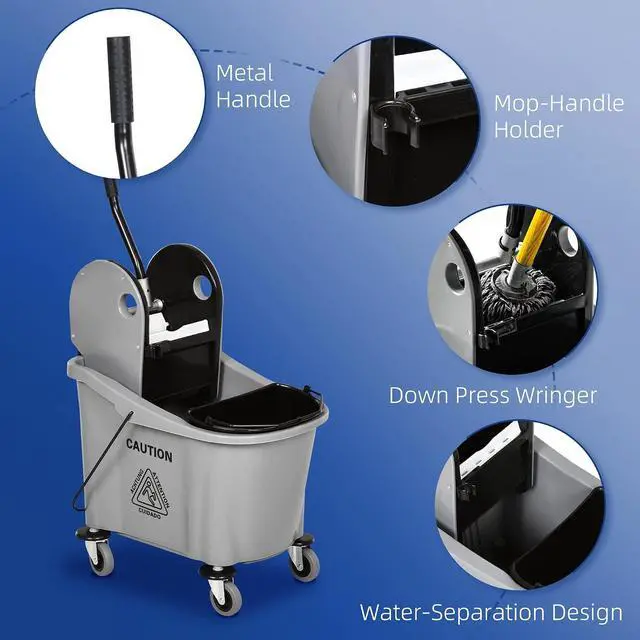 Alt view image 5 of 7 - 9.5 Gallon (38 Quart) Mop Bucket with Wringer Cleaning Cart Grey | 4 Moving Wheels, 2 Separate Buckets, Mop-Handle Holder