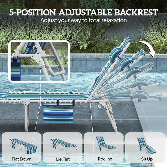 Alt view image 6 of 7 - Tanning Chair with Face Hole Oxford Fabric Blue Stripe | Side Table, Folding, 5-Position Reclining, Chaise Lounge Chair, Outdoor Lounger Recliner, Carry Straps, Beach Pool Camp