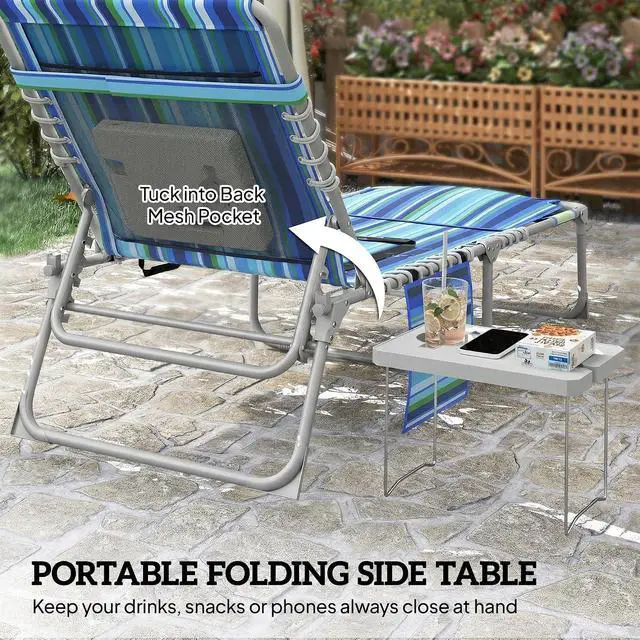 Alt view image 4 of 7 - Tanning Chair with Face Hole Oxford Fabric Blue Stripe | Side Table, Folding, 5-Position Reclining, Chaise Lounge Chair, Outdoor Lounger Recliner, Carry Straps, Beach Pool Camp