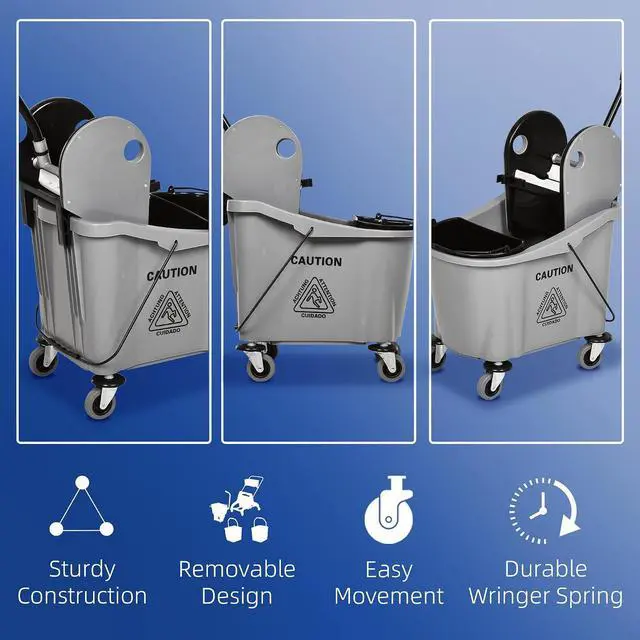 Alt view image 6 of 7 - 9.5 Gallon (38 Quart) Mop Bucket with Wringer Cleaning Cart Grey | 4 Moving Wheels, 2 Separate Buckets, Mop-Handle Holder