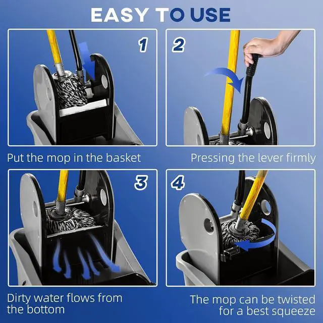 Alt view image 4 of 7 - 9.5 Gallon (38 Quart) Mop Bucket with Wringer Cleaning Cart Grey | 4 Moving Wheels, 2 Separate Buckets, Mop-Handle Holder