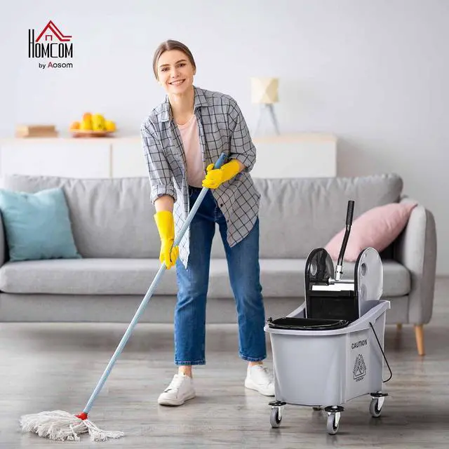 Alt view image 2 of 7 - 9.5 Gallon (38 Quart) Mop Bucket with Wringer Cleaning Cart Grey | 4 Moving Wheels, 2 Separate Buckets, Mop-Handle Holder