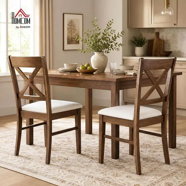 Alt view image 3 of 7 - Dining Chairs Set of 2 Upholstered Kitchen Chairs Cross Back Walnut | Rubberwood Frame, Padded Seat, for Living Room, Dining Room, Kitchen