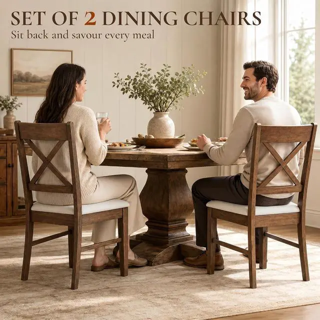 Alt view image 4 of 7 - Dining Chairs Set of 2 Upholstered Kitchen Chairs Cross Back Walnut | Rubberwood Frame, Padded Seat, for Living Room, Dining Room, Kitchen