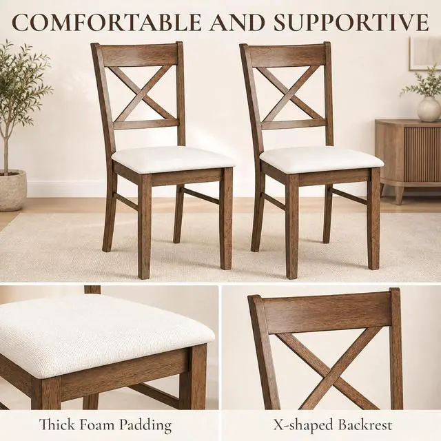 Alt view image 5 of 7 - Dining Chairs Set of 2 Upholstered Kitchen Chairs Cross Back Walnut | Rubberwood Frame, Padded Seat, for Living Room, Dining Room, Kitchen