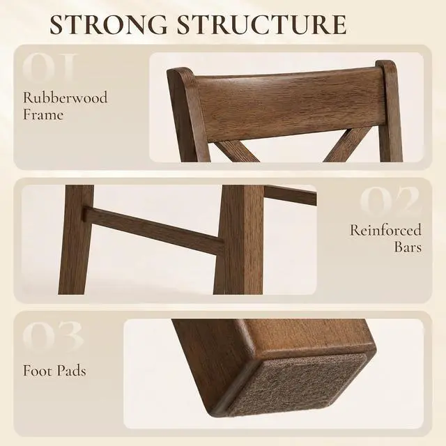 Alt view image 6 of 7 - Dining Chairs Set of 2 Upholstered Kitchen Chairs Cross Back Walnut | Rubberwood Frame, Padded Seat, for Living Room, Dining Room, Kitchen