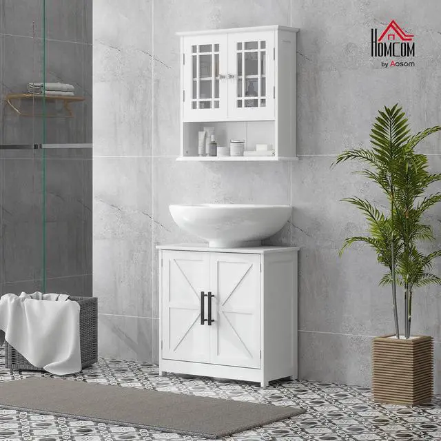 Alt view image 2 of 7 - Pedestal Sink Storage Cabinet, 2 Barn Doors, White | Farmhouse Freestanding Bathroom Sink Cabinet, Adjustable Shelf