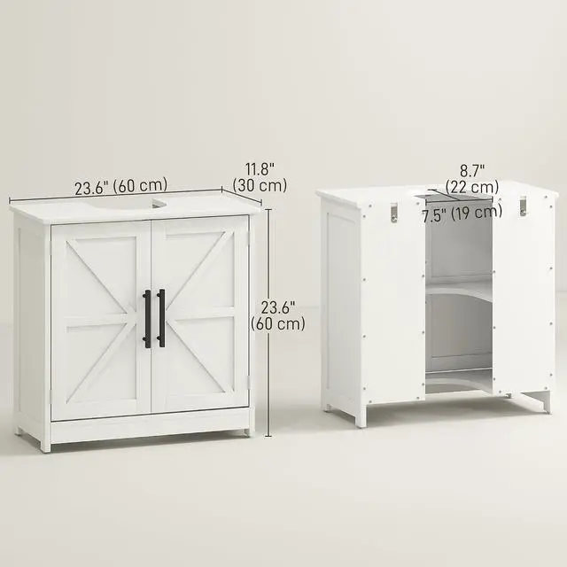 Alt view image 3 of 7 - Pedestal Sink Storage Cabinet, 2 Barn Doors, White | Farmhouse Freestanding Bathroom Sink Cabinet, Adjustable Shelf
