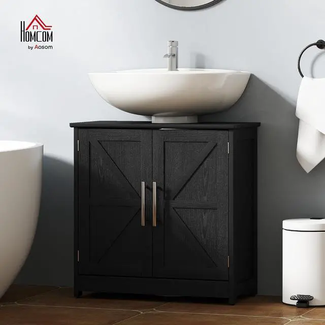 Alt view image 2 of 7 - Pedestal Sink Storage Cabinet, 2 Barn Doors, Distressed Black | Farmhouse Freestanding Bathroom Sink Cabinet, Adjustable Shelf