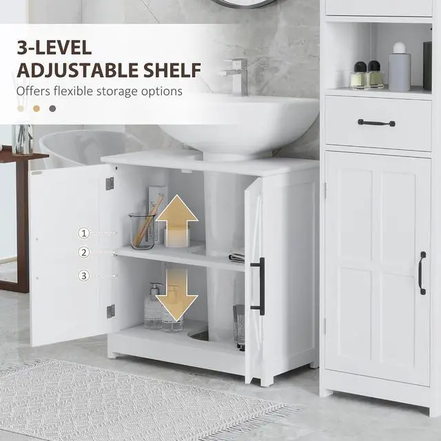 Alt view image 6 of 7 - Pedestal Sink Storage Cabinet, 2 Barn Doors, White | Farmhouse Freestanding Bathroom Sink Cabinet, Adjustable Shelf