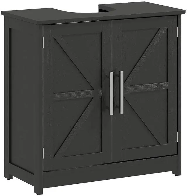 Main image of Pedestal Sink Storage Cabinet, 2 Barn Doors, Distressed Black | Farmhouse Freestanding Bathroom Sink Cabinet, Adjustable Shelf