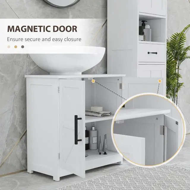 Alt view image 7 of 7 - Pedestal Sink Storage Cabinet, 2 Barn Doors, White | Farmhouse Freestanding Bathroom Sink Cabinet, Adjustable Shelf