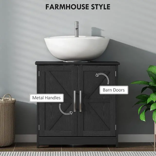 Alt view image 5 of 7 - Pedestal Sink Storage Cabinet, 2 Barn Doors, Distressed Black | Farmhouse Freestanding Bathroom Sink Cabinet, Adjustable Shelf