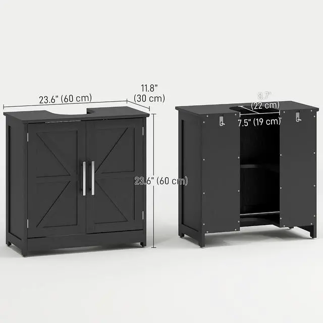 Alt view image 3 of 7 - Pedestal Sink Storage Cabinet, 2 Barn Doors, Distressed Black | Farmhouse Freestanding Bathroom Sink Cabinet, Adjustable Shelf
