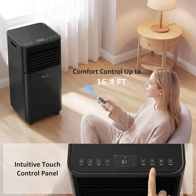 Alt view image 5 of 7 - 8000 BTU Portable Air Conditioner for Rooms up to 344 Sq.Ft. Black | 4-in-1 Mobile AC Unit, Dehumidifier, Cooling Fan, Sleep, Remote, 24H Timer, Auto Off, Window Installation Kit