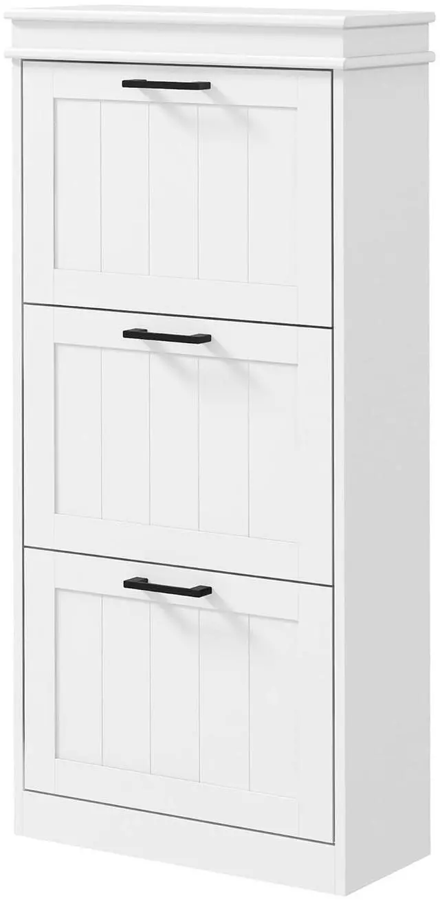 Main image of Shoe Storage Cabinet with 3 Flip Drawers, Narrow Shoe Cabinet, White | Freestanding, Adjustable Shelves, Slim Hidden Rack Organizer, Entryway, Hallway