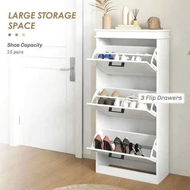 Alt view image 3 of 7 - Shoe Storage Cabinet with 3 Flip Drawers, Narrow Shoe Cabinet, White | Freestanding, Adjustable Shelves, Slim Hidden Rack Organizer, Entryway, Hallway