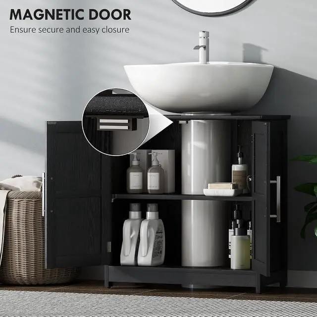 Alt view image 7 of 7 - Pedestal Sink Storage Cabinet, 2 Barn Doors, Distressed Black | Farmhouse Freestanding Bathroom Sink Cabinet, Adjustable Shelf