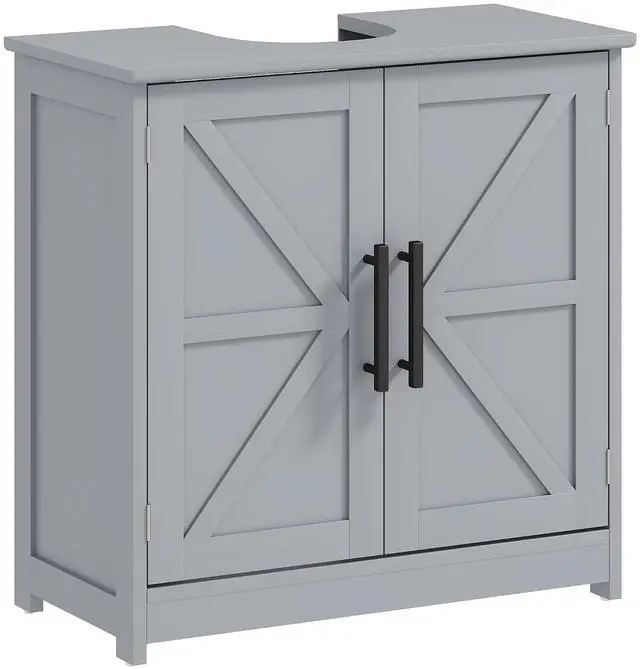 Main image of Pedestal Sink Storage Cabinet, 2 Barn Doors, Dark Gray | Farmhouse Freestanding Bathroom Sink Cabinet, Adjustable Shelf