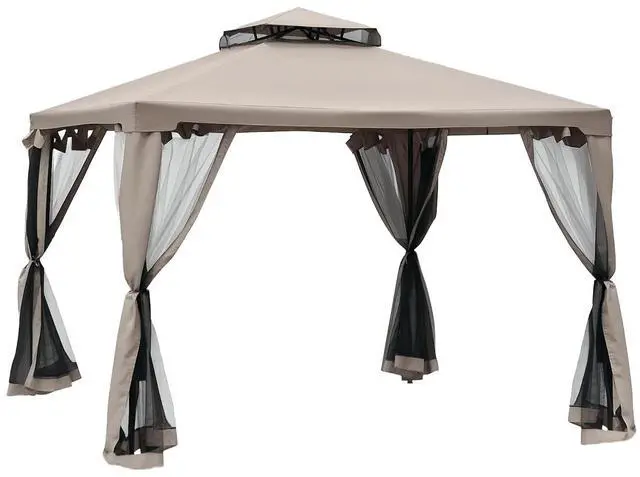 Main image of 9.6' x 9.6' Patio Gazebo Outdoor Canopy with Netting Taupe | Shelter, 2-Tier Roof, Steel Frame, for Garden, Lawn, Backyard, Deck