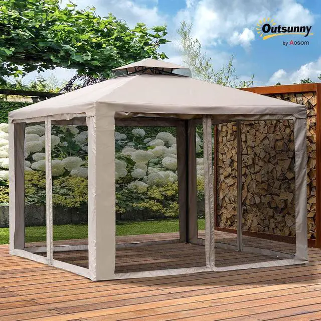 Alt view image 2 of 7 - 9.6' x 9.6' Patio Gazebo Outdoor Canopy with Netting Taupe | Shelter, 2-Tier Roof, Steel Frame, for Garden, Lawn, Backyard, Deck