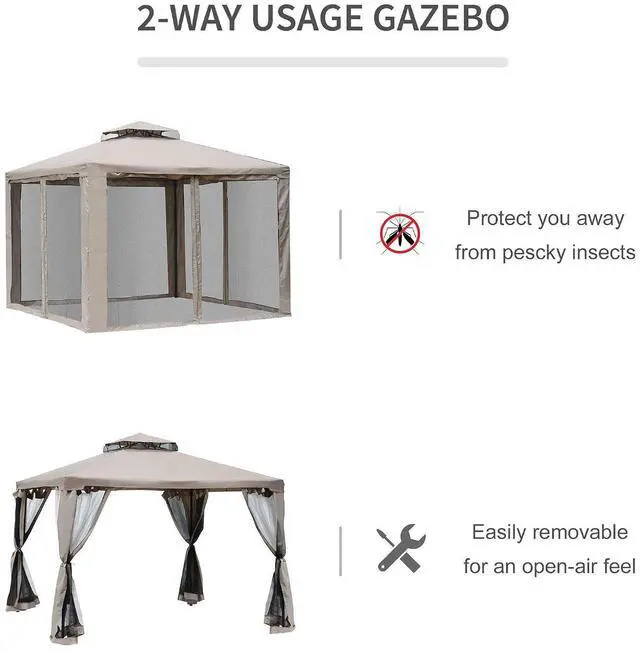 Alt view image 5 of 7 - 9.6' x 9.6' Patio Gazebo Outdoor Canopy with Netting Taupe | Shelter, 2-Tier Roof, Steel Frame, for Garden, Lawn, Backyard, Deck