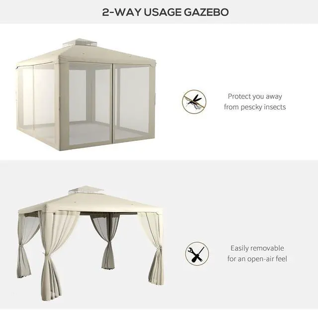 Alt view image 3 of 7 - 9.6' x 11.6' Patio Gazebo Outdoor Canopy with Netting Cream White | Shelter, 2-Tier Roof, Steel Frame, for Garden, Lawn, Backyard, Deck