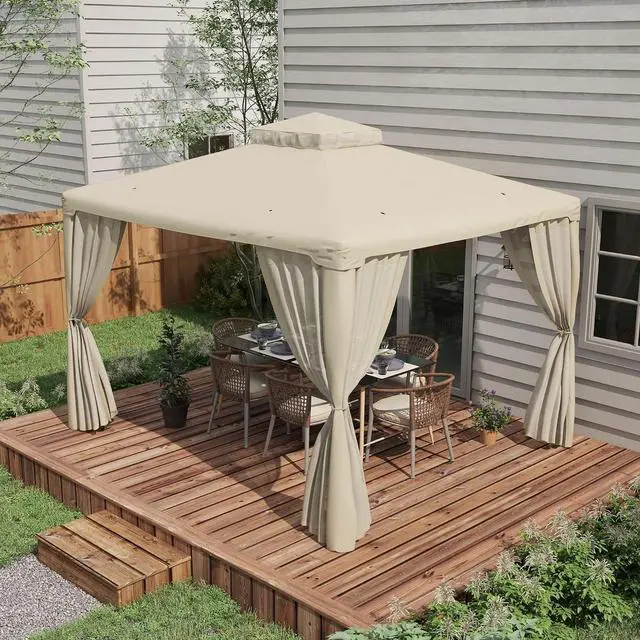 Alt view image 2 of 7 - 9.6' x 11.6' Patio Gazebo Outdoor Canopy with Netting Cream White | Shelter, 2-Tier Roof, Steel Frame, for Garden, Lawn, Backyard, Deck