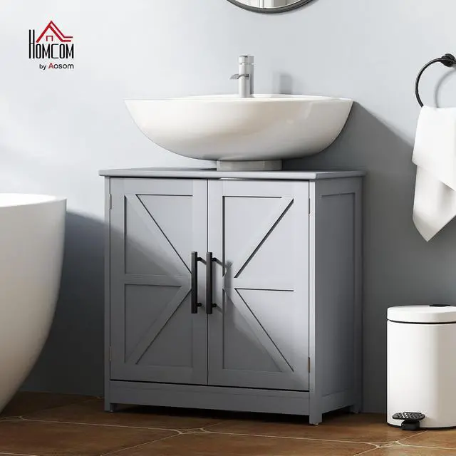 Alt view image 2 of 7 - Pedestal Sink Storage Cabinet, 2 Barn Doors, Dark Gray | Farmhouse Freestanding Bathroom Sink Cabinet, Adjustable Shelf