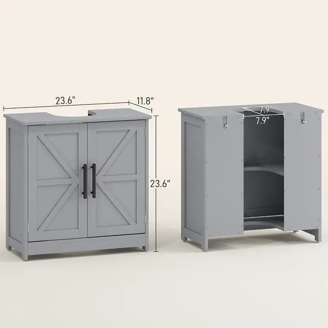 Alt view image 3 of 7 - Pedestal Sink Storage Cabinet, 2 Barn Doors, Dark Gray | Farmhouse Freestanding Bathroom Sink Cabinet, Adjustable Shelf