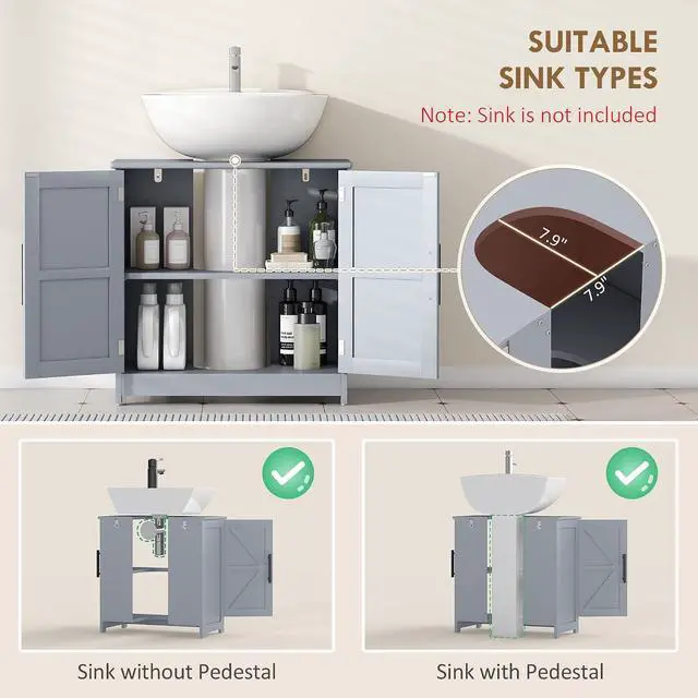 Alt view image 4 of 7 - Pedestal Sink Storage Cabinet, 2 Barn Doors, Dark Gray | Farmhouse Freestanding Bathroom Sink Cabinet, Adjustable Shelf