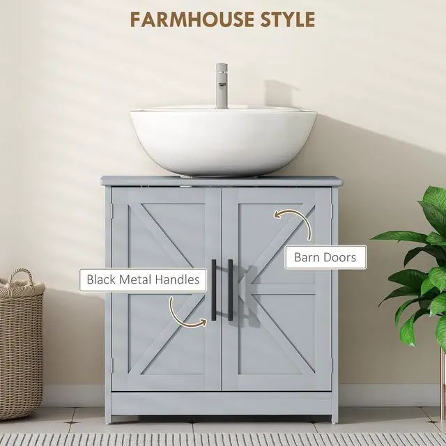 Alt view image 5 of 7 - Pedestal Sink Storage Cabinet, 2 Barn Doors, Dark Gray | Farmhouse Freestanding Bathroom Sink Cabinet, Adjustable Shelf