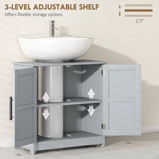 Alt view image 6 of 7 - Pedestal Sink Storage Cabinet, 2 Barn Doors, Dark Gray | Farmhouse Freestanding Bathroom Sink Cabinet, Adjustable Shelf