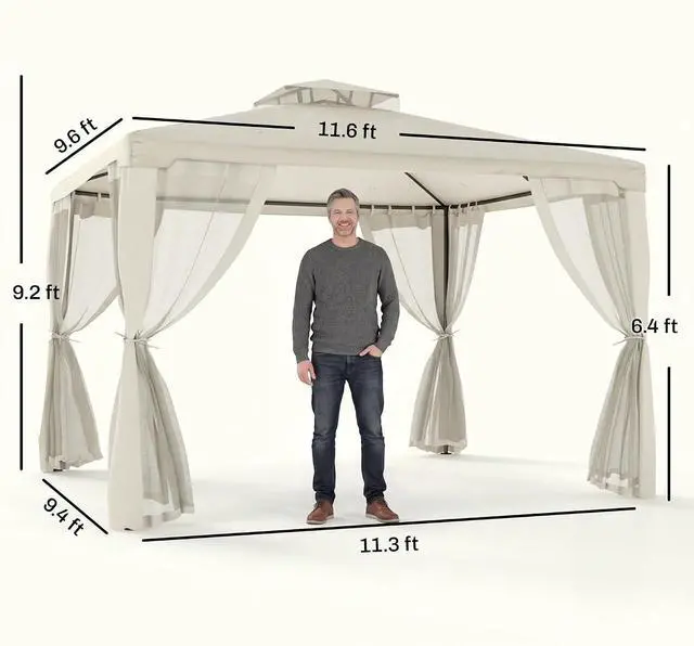Alt view image 7 of 7 - 9.6' x 11.6' Patio Gazebo Outdoor Canopy with Netting Cream White | Shelter, 2-Tier Roof, Steel Frame, for Garden, Lawn, Backyard, Deck