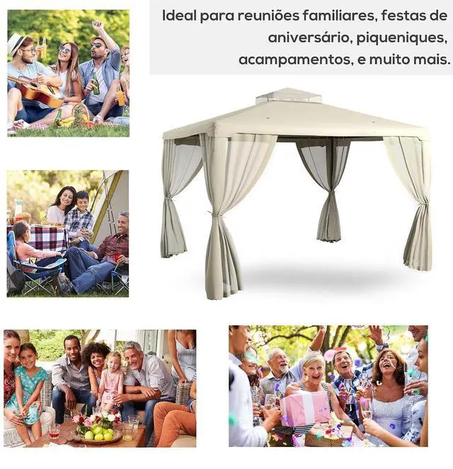 Alt view image 6 of 7 - 9.6' x 11.6' Patio Gazebo Outdoor Canopy with Netting Cream White | Shelter, 2-Tier Roof, Steel Frame, for Garden, Lawn, Backyard, Deck