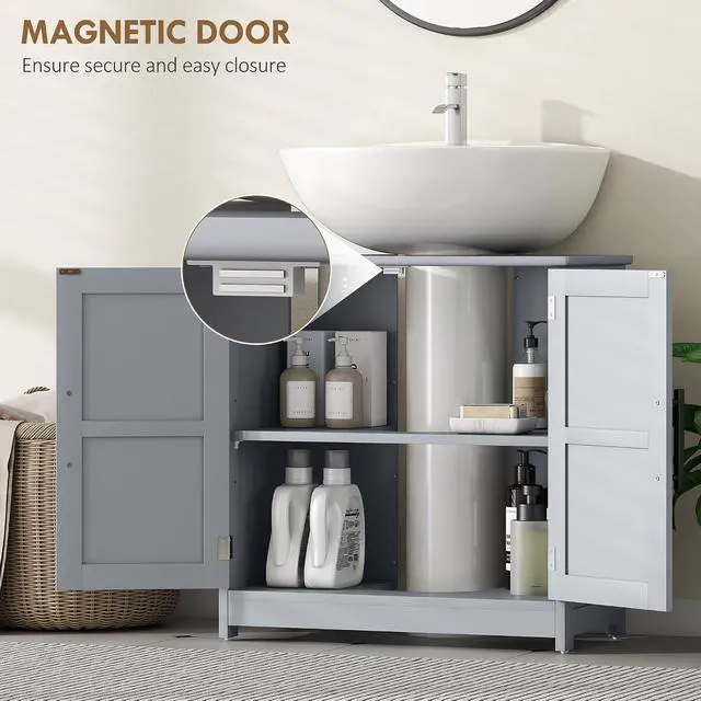 Alt view image 7 of 7 - Pedestal Sink Storage Cabinet, 2 Barn Doors, Dark Gray | Farmhouse Freestanding Bathroom Sink Cabinet, Adjustable Shelf