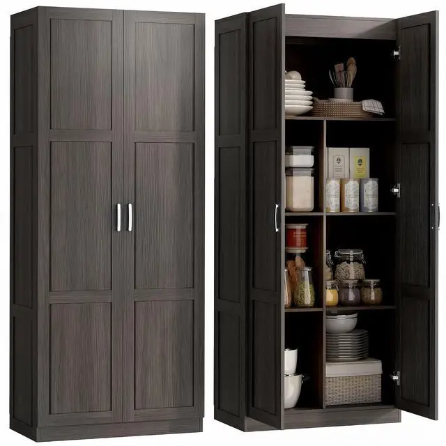 Main image of 71" Tall Kitchen Pantry Cabinet with 4 Adjustable Shelves Espresso | Large Multipurpose Storage Cabinet, Modern Farmhouse Freestanding Food Pantry, Framed Doors, Soft-Close Hinges